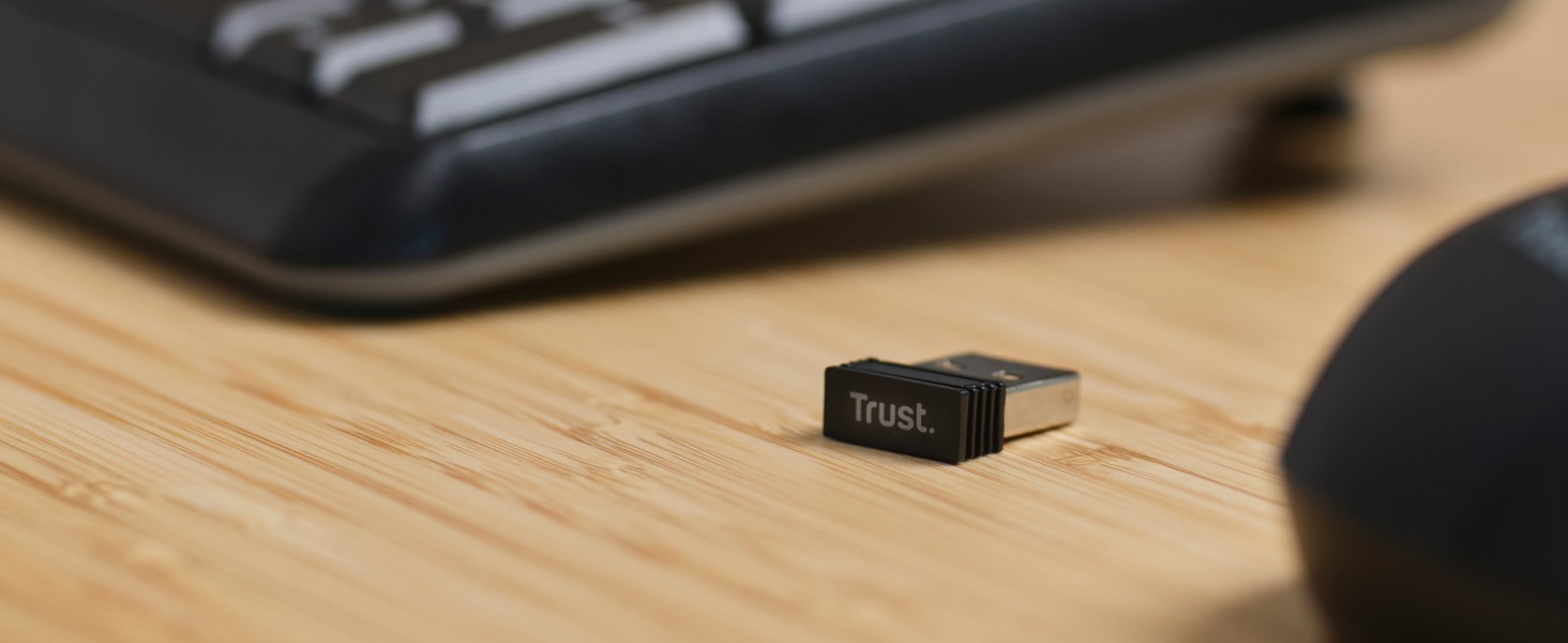 Бездротовий комплект клавіатури та миші Trust Ymo II з QWERTY (німецький), плоскі клавіші, захист від бризок, миша на 800-1600 DPI, USB-приймач, для ПК, комп'ютера, ноутбука, Mac