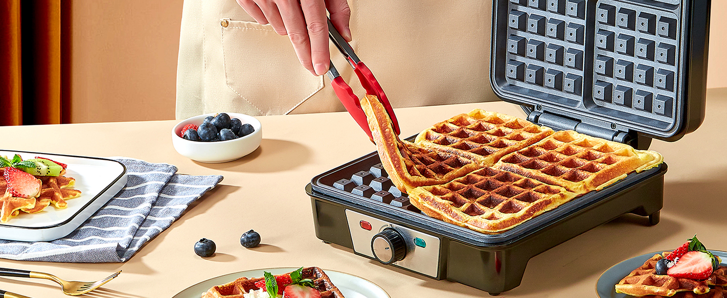 Вафельниця VINATO для приготування 4 бельгійських вафель, 1200 Вт, антипригарне покриття, регулювання температури, чорний колір