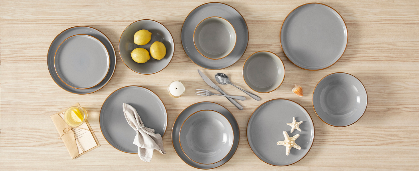 Набір посуду на 6 осіб Vancasso RENO 24 шт. з каменю, сучасний сервіз: обідні, супові, десертні тарілки, миски. Можна мити в посудомийній машині та використовувати в мікрохвильовці, сірий колір.