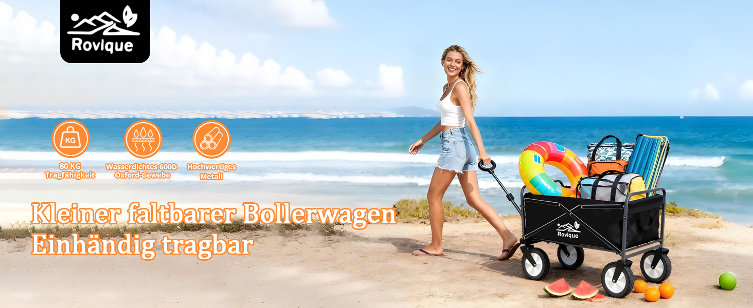 Складний візок-тележка Bollerwagen 80 кг, чорний: для саду, кемпінгу, пляжу, фестивалів. З тримачем для напоїв.