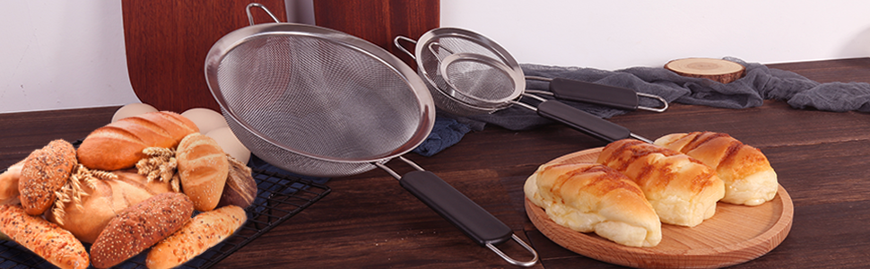 Набір сит кухонних, 3 шт. (8, 16, 18 см), нержавіюча сталь. Сито для борошна, макаронів, кіноа з неслизькими, ізольованими ручками. Набір сит з дрібною сіткою з пластиковою ручкою