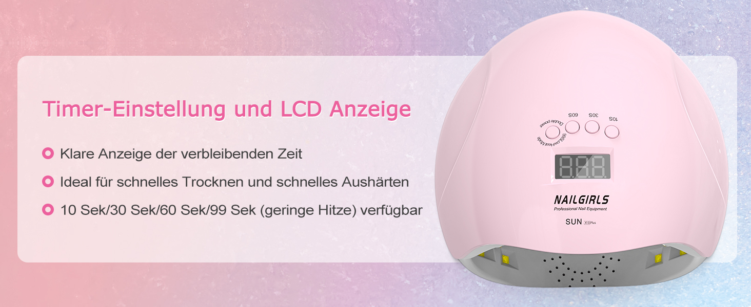 LED UV лампа для нігтів NAILGIRLS 150W з таймером, датчиком та LCD дисплеєм. Підходить для гель-лаку, пальців та нігтів. Рожевий колір.