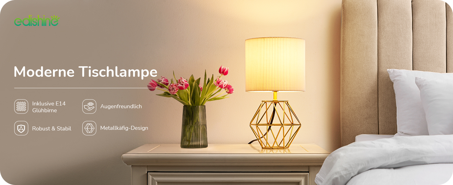 EDISHINE Настільна лампа, сучасний індустріальний дизайн, цоколь E14, вінтаж, для спальні, вітальні, білий & золотий колір (кремово-білий жалюзі + золото)