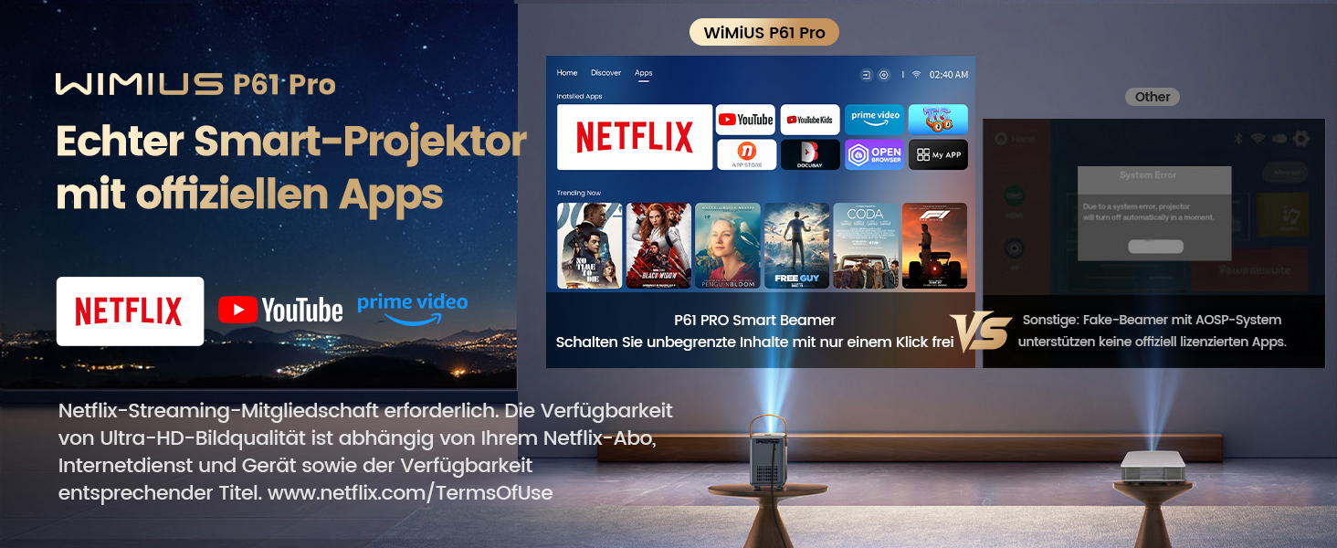 Mini проєктор Beamer 4K з WiFi 6, Dolby Audio та підтримкою Netflix | 1080P Full HD, інтегровані додатки, автоматичне фокусування, вертикальна корекція трапецеїдальних спотворень, короткофокусний, сріблясто-сірий