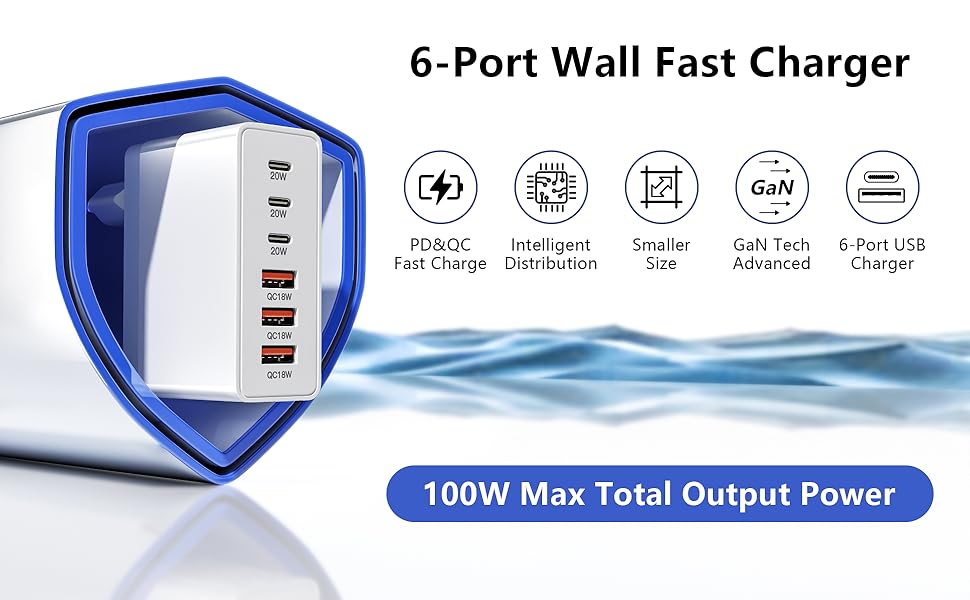 Зарядний пристрій USB-C 50W, 5 портів: 2 USB-C та 3 USB-A, швидка зарядка PD 3.0 для iPhone, Samsung, телефонів, планшетів (Сірий)
