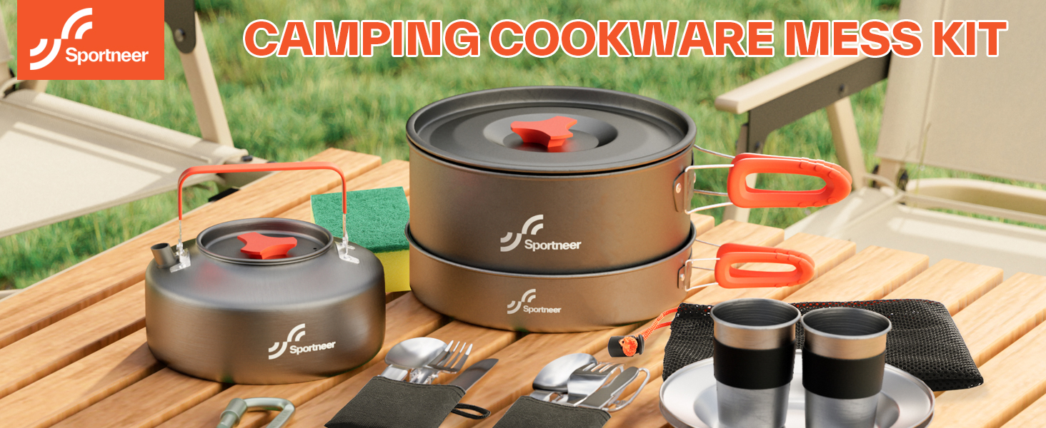 Набір посуду для кемпінгу на 2 особи: каструля, сковорода, чайник, тарілки, чашки, столові прибори (Löffel, Gabeln)