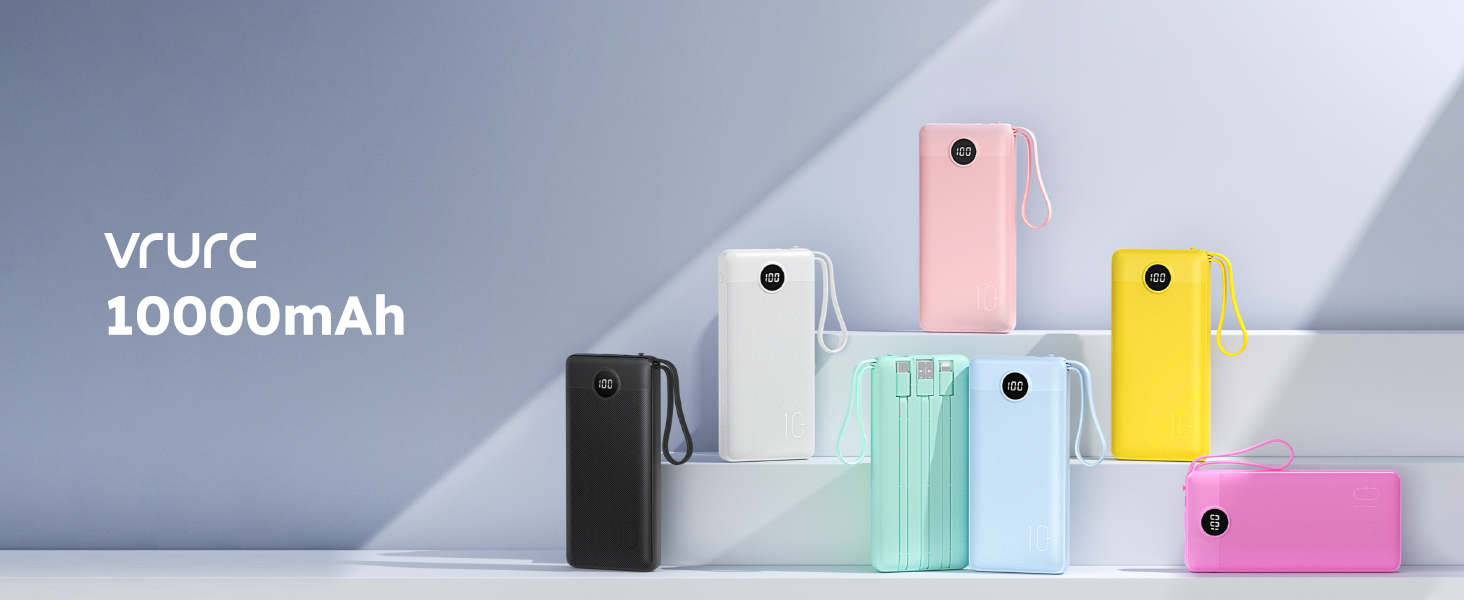 Powerbank VRURC 10000mAh з кабелем: портативний зарядний пристрій USB-C з LED дисплеєм та 5 виходами для iPhone, Huawei, Samsung та інших смартфонів - Рожевий