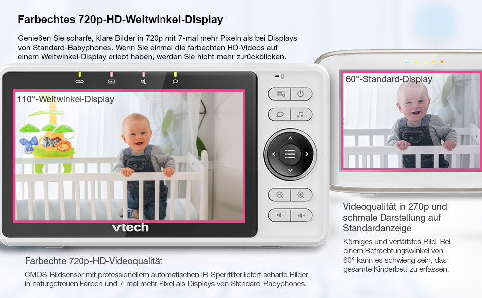 Vtech VM901-1W WiFi камера: розумний дитячий монітор з 5-дюймовим HD-дисплеєм, 1080P, поворотна камера, мобільний додаток, широкий кут огляду 120°, сумісність з iOS та Android