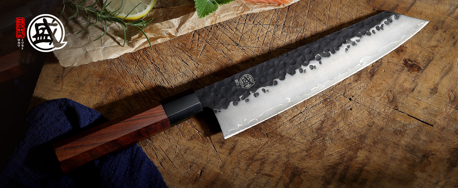 Японський ніж MITSUMOTO SAKARI Santoku 19 см з ручкою з рожевого дерева та Kiritsuke 23 см, ручне кованість, високоякісна сталь