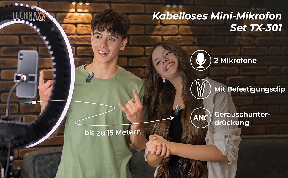 Technaxx Dual Wireless Mini Мікрофонний Набір TX-301 – 2 бездротові петличні мікрофони з шумозаглушенням, USB-C приймач, зарядний кейс, кліпса – для подкастів та запису звуку