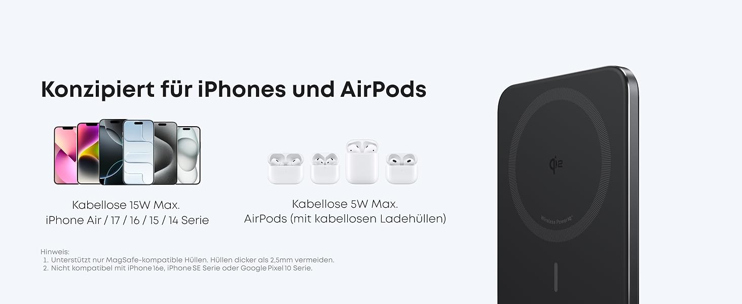 Powerbank Anker Nano: 5000mAh, Qi2, 15W, MagSafe, чорний