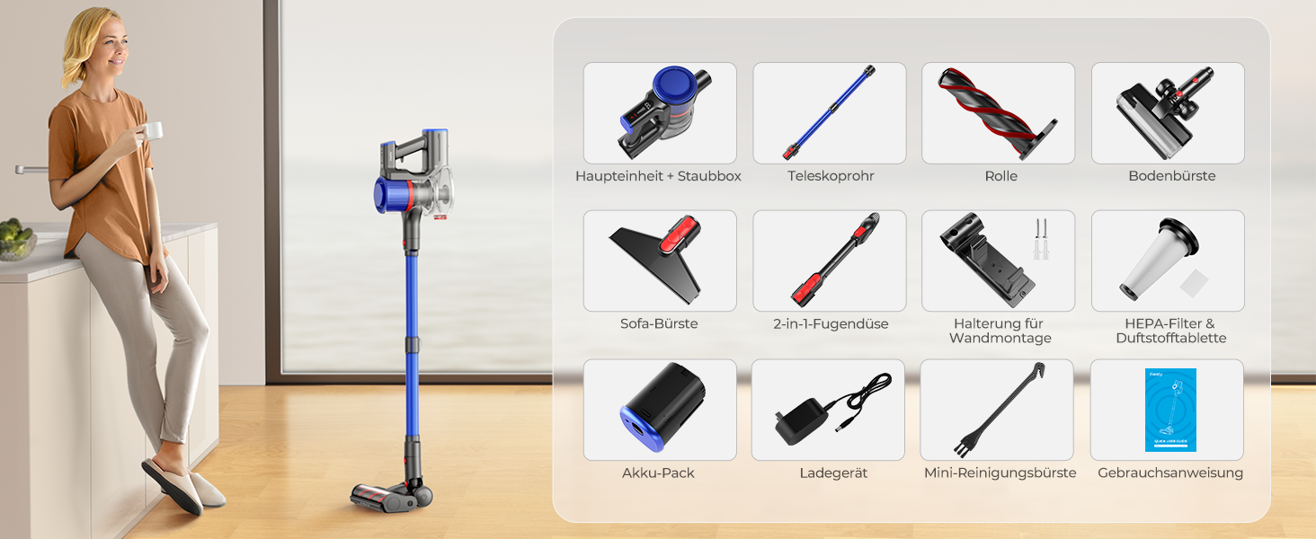 Бездротовий пилосос Fieety 550W з акумулятором, 45000Pa, 60 хвилин роботи, 6-в-1, тихий, з арома-пластиною, для твердих поверхонь, килимів та шерсті тварин