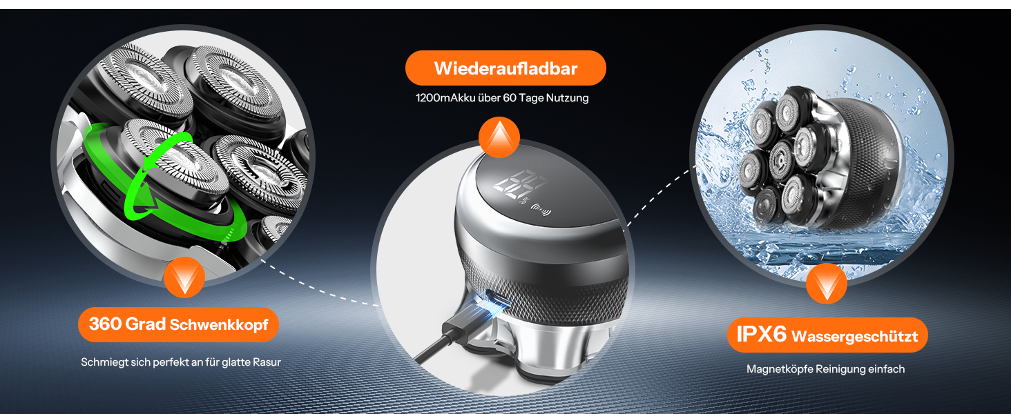 Машинка для гоління голови Yeerain 7D з плаваючими головками, 2 швидкості, акумуляторна, чорна