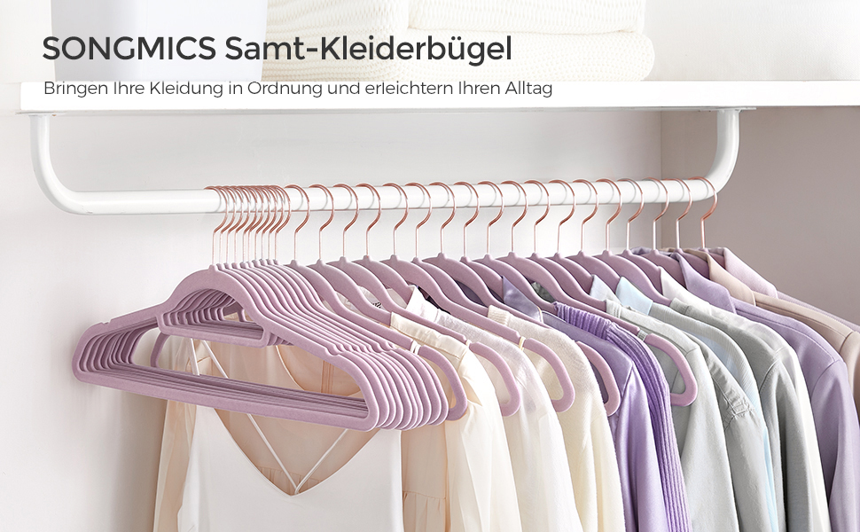 Плечики SONGMICS для одягу, 50 шт., велюрові, антиковзаючі, для краваток, 360° обертання, 0,6 см, економія місця, 43,5 см, для пальто, штанів, срібно-білі