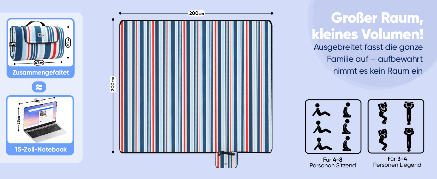 Килимок для пікніка Sekey 200x200 см, вологостійкий, пісконепроникний, для пляжу та кемпінгу, блакитно-білий у смужку