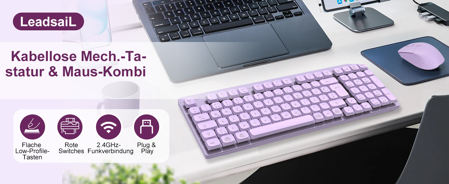 Leadsail FA98 Бездротова Механічна Клавіатура та Миша, QWERTZ, 98 Клавіш, 1600 DPI, для Windows/MacOS/PC/Laptop (Лідська)