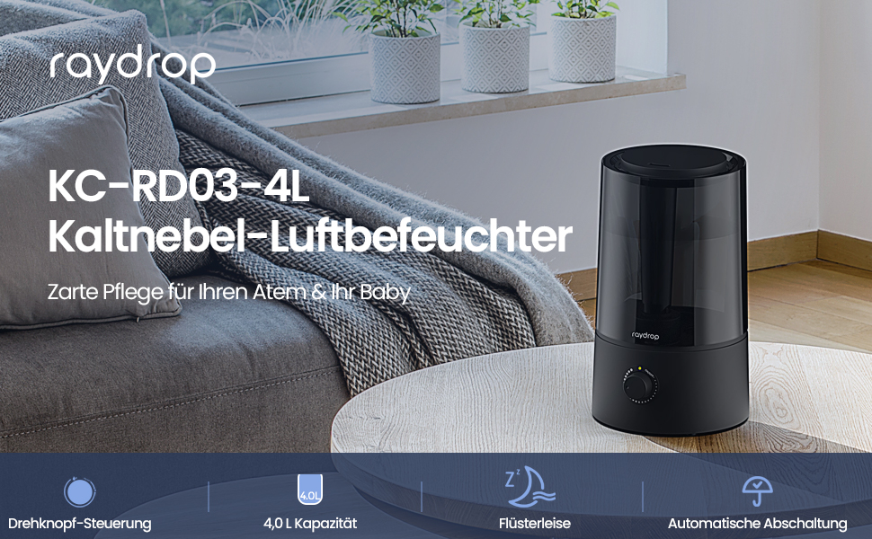 Зволожувач повітря Raydrop для спальні та дитячої кімнати, 1,7 л. Тихий, компактний ультразвуковий зволожувач для дитячої та рослин, просте керування та легке очищення, автоматичне вимкнення, 1,7 л, білий (4,0 л, чорний)