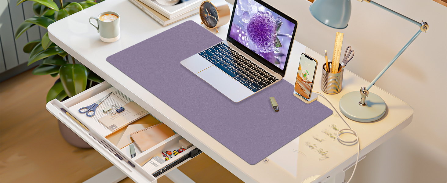 Килимок для столу Niviy з екошкіри XXL, 80x40 см, антиковзаючий, водонепроникний, для офісу, дому та ноутбука, м'яка підкладка з алькантари (лавандовий)