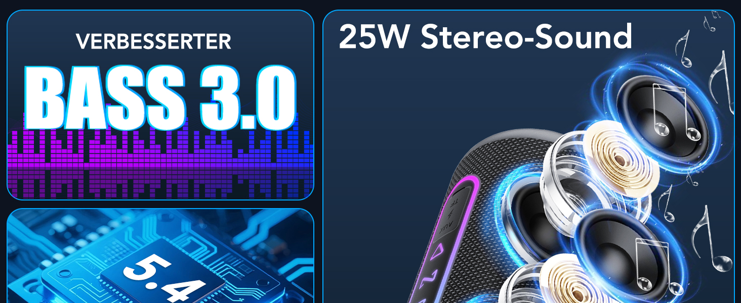 Bluetooth колонка з підсвіткою 25W, Bluetooth 5.4, Dual Bass, 24 год, IPX7 водонепроникна, портативна колонка для вечірок, подорожей, AUX/TF, Чорна