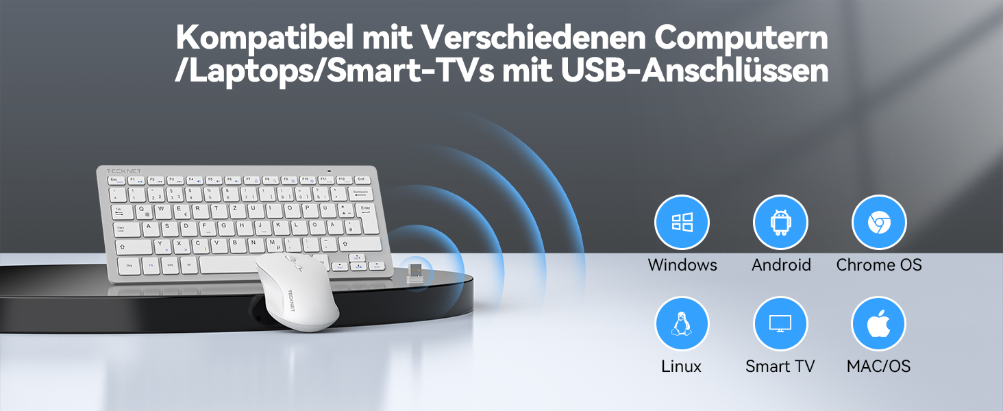 Бездротова клавіатура та миша TECKNET QWERTZ, 2.4 GHz, 15м, тиха, для ПК, ноутбука, Smart TV, білий/сріблястий