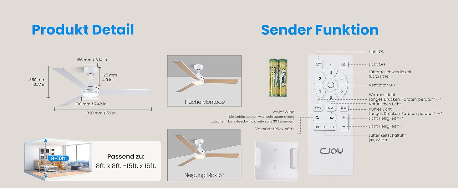 Стеляний вентилятор CJOY з підсвічуванням, 107 см, з пультом керування, тихий, DC, реверсивний, пам'ять 3CCT, диммування, 6 швидкостей, таймер для спальні (132 см, білий)