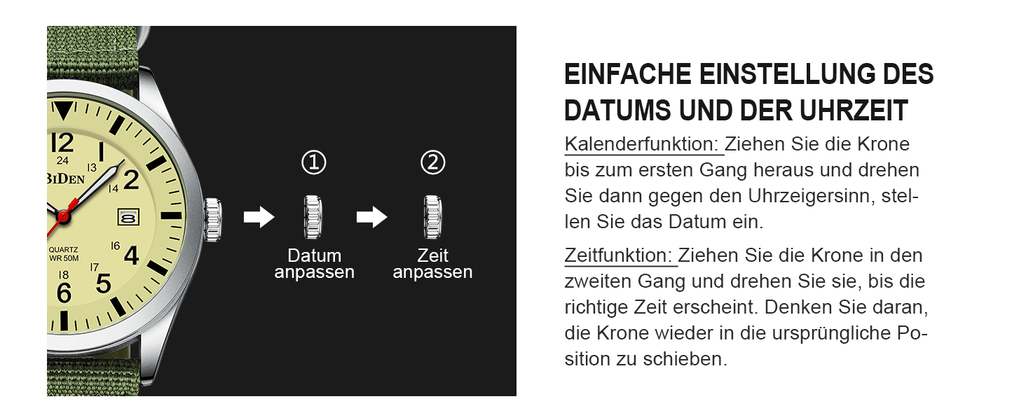 HANPOSH Годинник чоловічий військовий тактичний з датою, водостійкий 3ATM, кварцовий (зелений, срібний, жовтий)