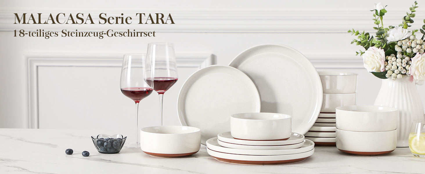 MALACASA Сервіз на 6 осіб (18 предметів) з реактивною глазур'ю, серія TARA, білий з коричневим, для дому та ресторану