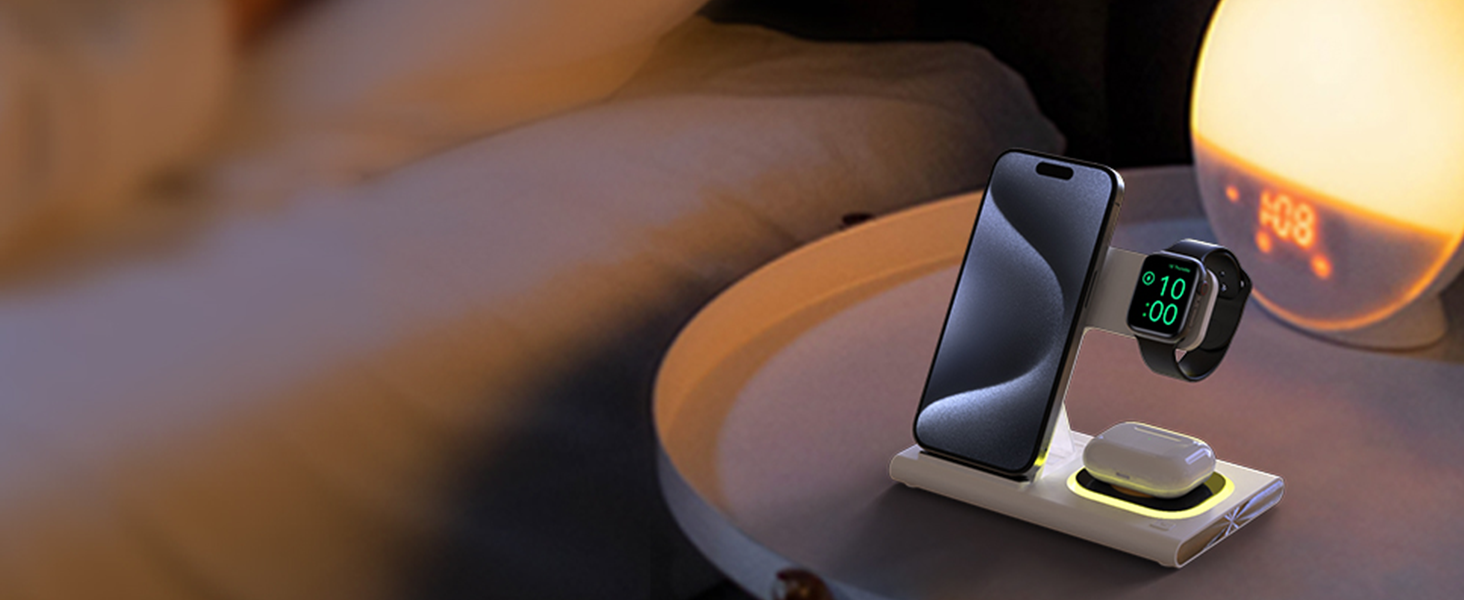 Бездротова зарядка Aimtel 3-в-1 з нічними ліхтариками: сумісна з iPhone 17/17 Pro/17 Pro Max/17 Air та Apple Watch, Air-Pods Pro/4/3/2. Чорний колір