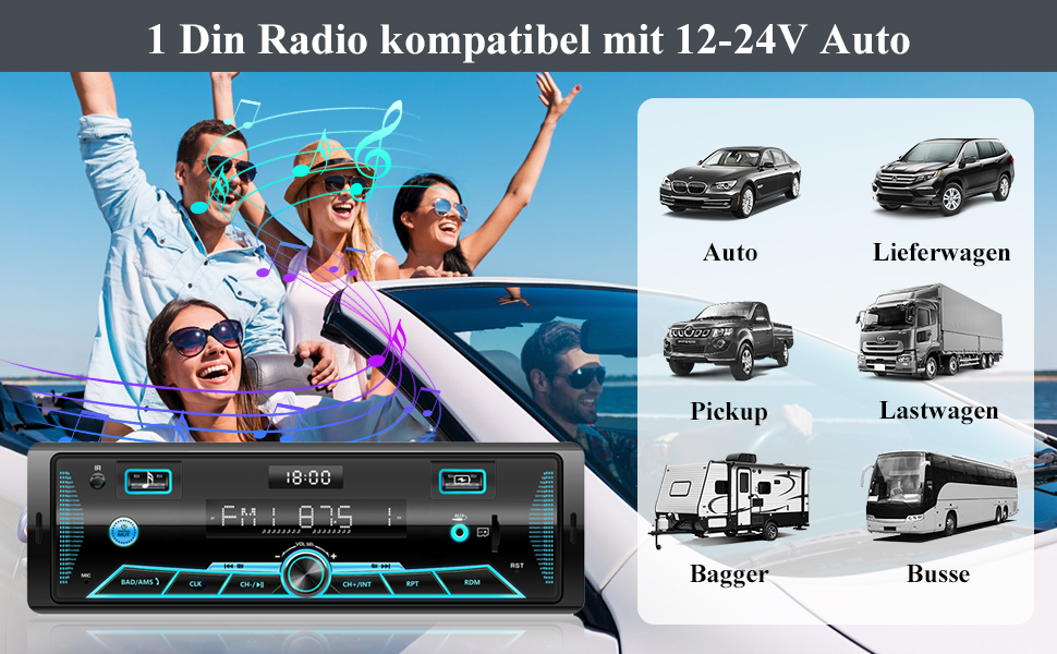 Автомобільна магнітола RDS Bluetooth 9-24В, FM/AM, MP3, USB, SD, AUX, з пультом, 7 кольорів підсвічування, гучний зв'язок