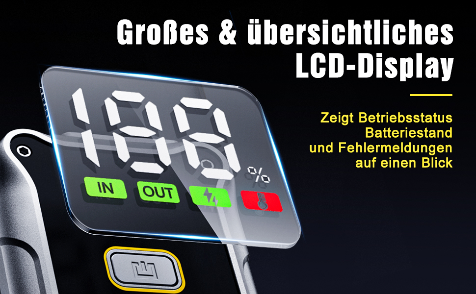 Powerbank Starthilfe 4000A: портативний пусковий пристрій для автомобіля 12V з LCD дисплеєм та LED ліхтариком. Підходить для бензинових (9.0L) та дизельних (7.5L) двигунів. Ідеально для SUV, мотоциклів та газонокосарок. Чорний колір.