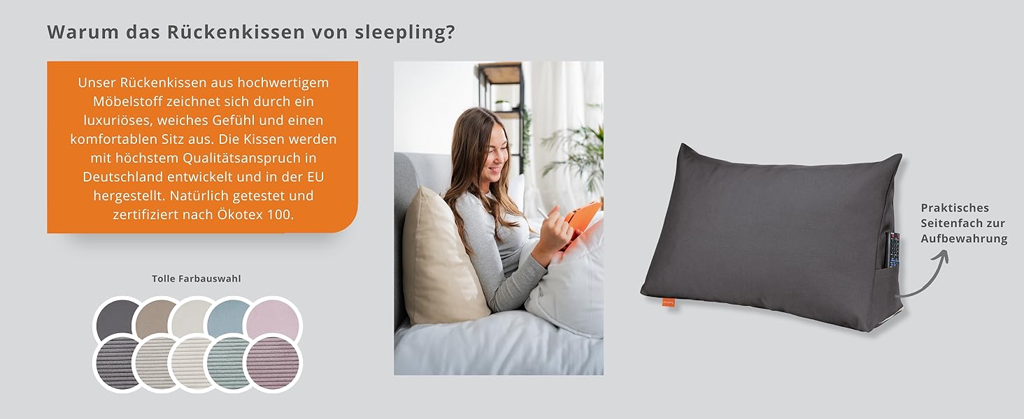Підголовник для спини Sleepling з тканини Cord, трикутна подушка для ліжка та дивана, підтримка попереку, подушка для читання, пляжний килимок, знімний та пральний чохол, бічне кишеню, 70 x 40 x 20 см, темно-сірий
