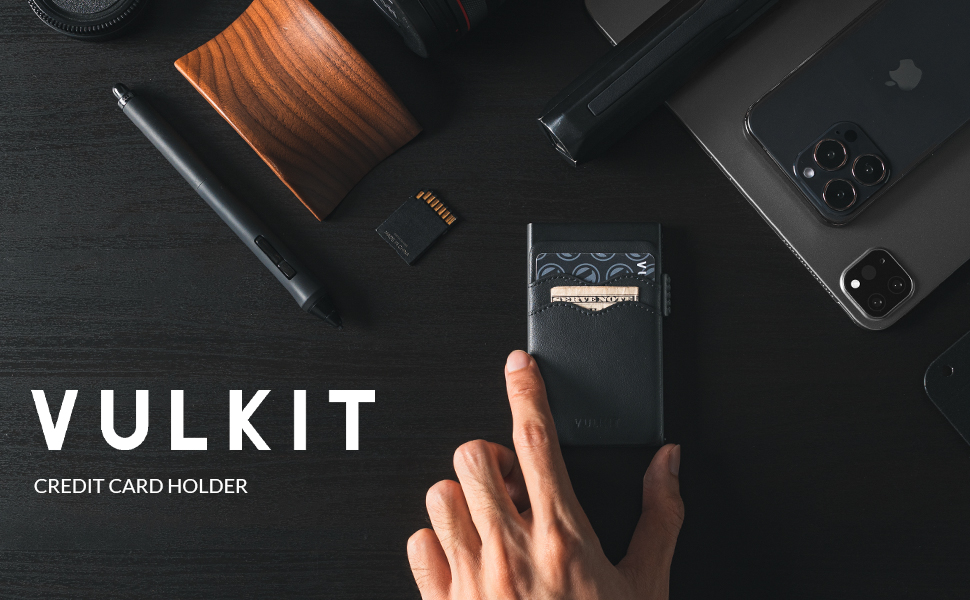 VULKIT Слім гаманець-картхолдер з RFID захистом, шкіряні слоти, металевий кейс, зелений