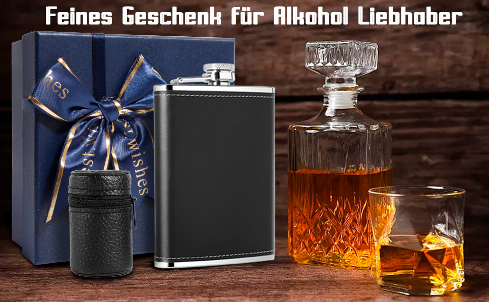 Фляга шкіряна LILABIENE з нержавіючої сталі, чорна, 8oz/240мл, подарунковий набір з 4 стаканчиками та воронкою для чоловіків, на день народження, на батьківський день, на Різдво