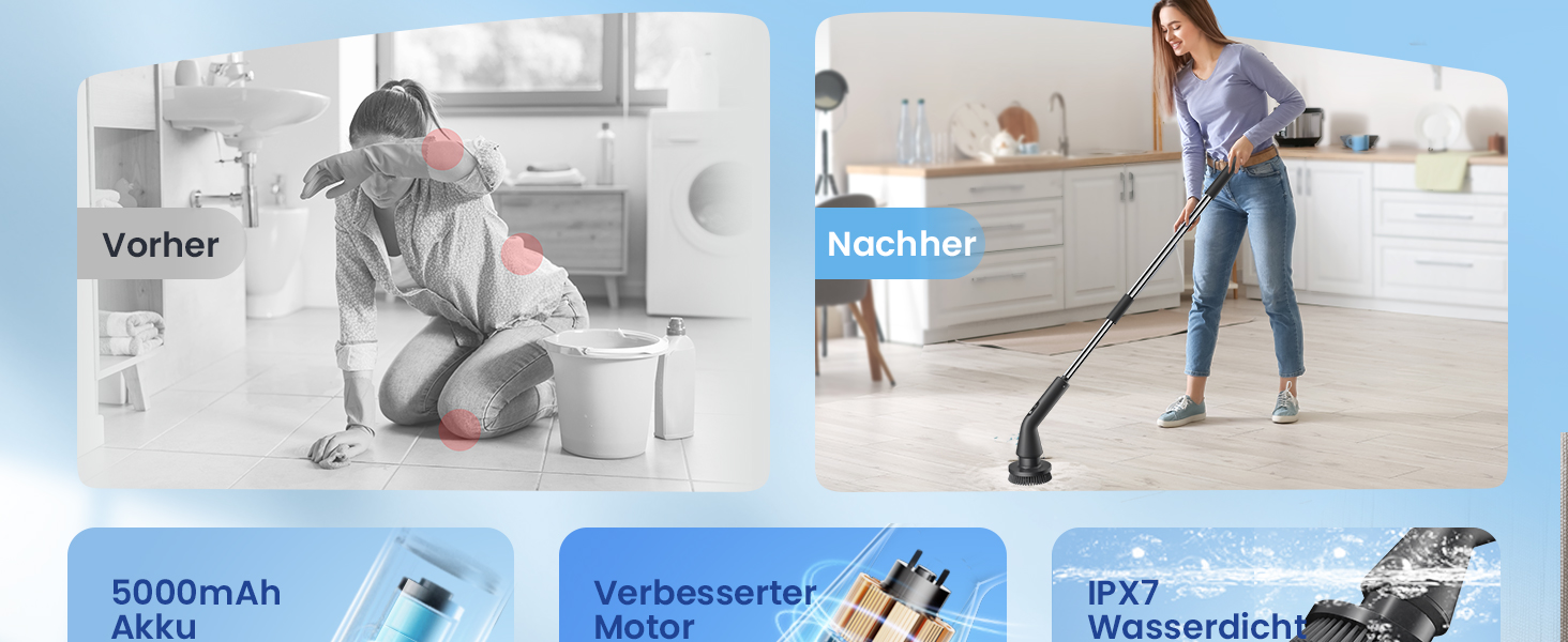 Електрична щітка для чищення Leebein Spin Scrubber: водонепроникна (IPX7), з телескопічною ручкою, 7 насадками та 2 швидкостями для ванної, підлоги та кухні, чорна