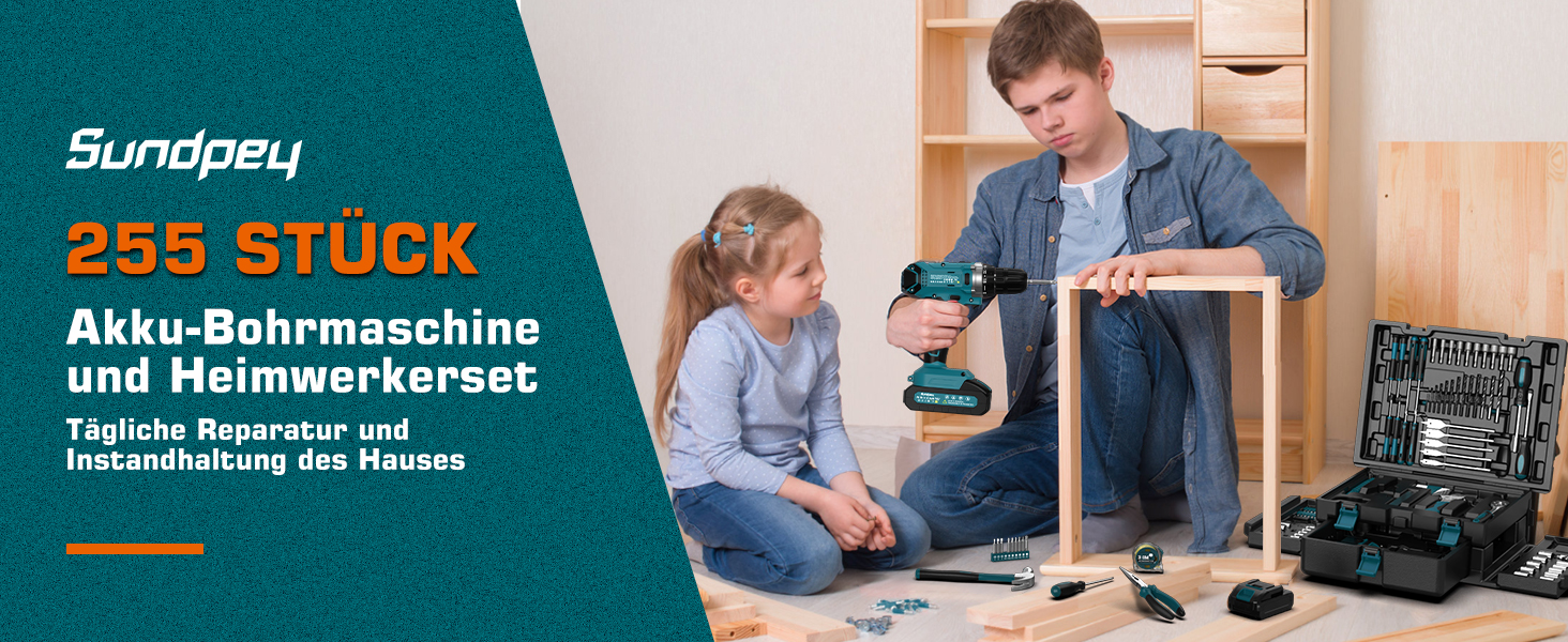 Набір інструментів Sundpey 255 шт. з акумуляторною дриль-шуруповертом 21V, акумуляторний набір з 2 * 2000mAh акумуляторами, ящиковий інструмент з шухлядою для ремонту дому та автомобіля, блакитний