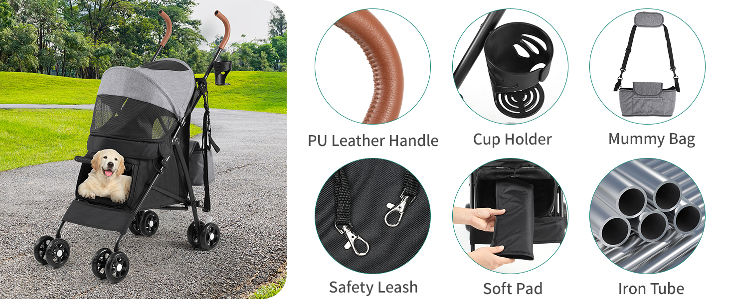 Візок для собак YITAHOME - переноска для тварин до 11,3 кг, з сіткою, тримачем для напоїв та кошиком, для собак та котів (сірий/чорний)