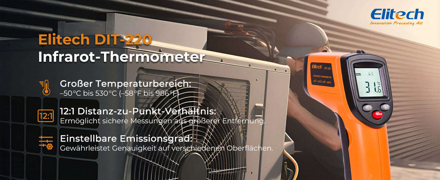 Інфрачервоний термометр Elitech -50~530℃: швидке вимірювання, лазерна ціль, для промисловості, будівництва та дому