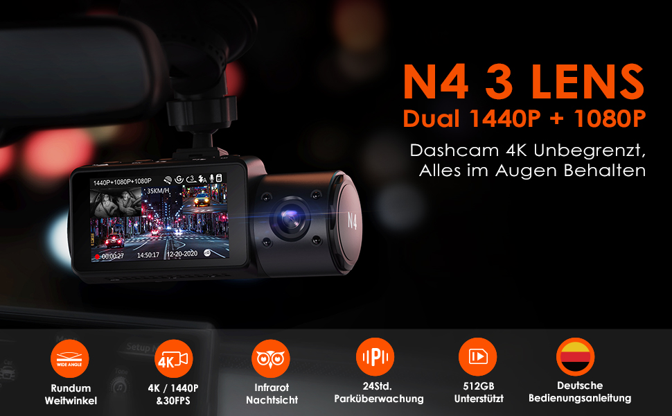 Відеореєстратор VANTRUE N4 з 3 об'єктивами 4K, 2.5K+ (передній/задній/внутрішній), HDR/30FPS, інфрачервона нічне бачення, 2.45” екран, стійкий до спеки, підтримка до 512GB