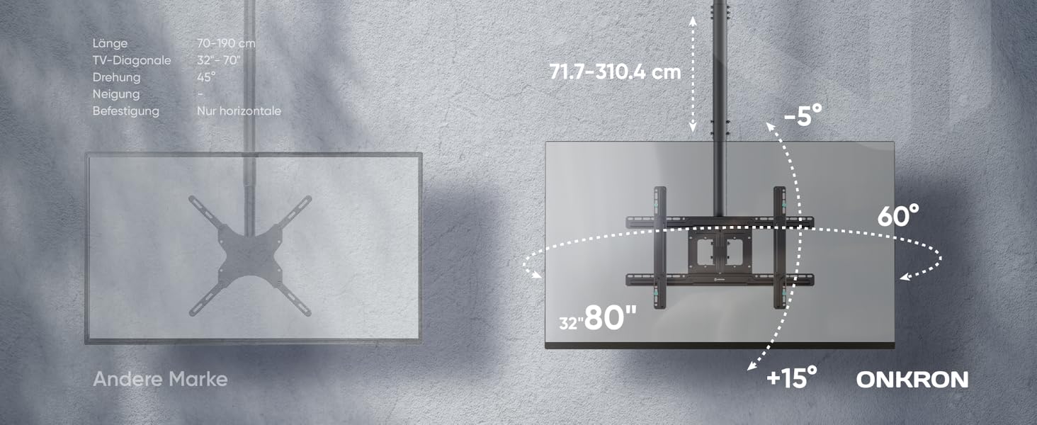 ONKRON Ceiling TV Mount for 32-80 inch TVs - Tilting & Swivel, VESA 100x100-600x400, Load Capacity 68kg, Adjustable Height, Black