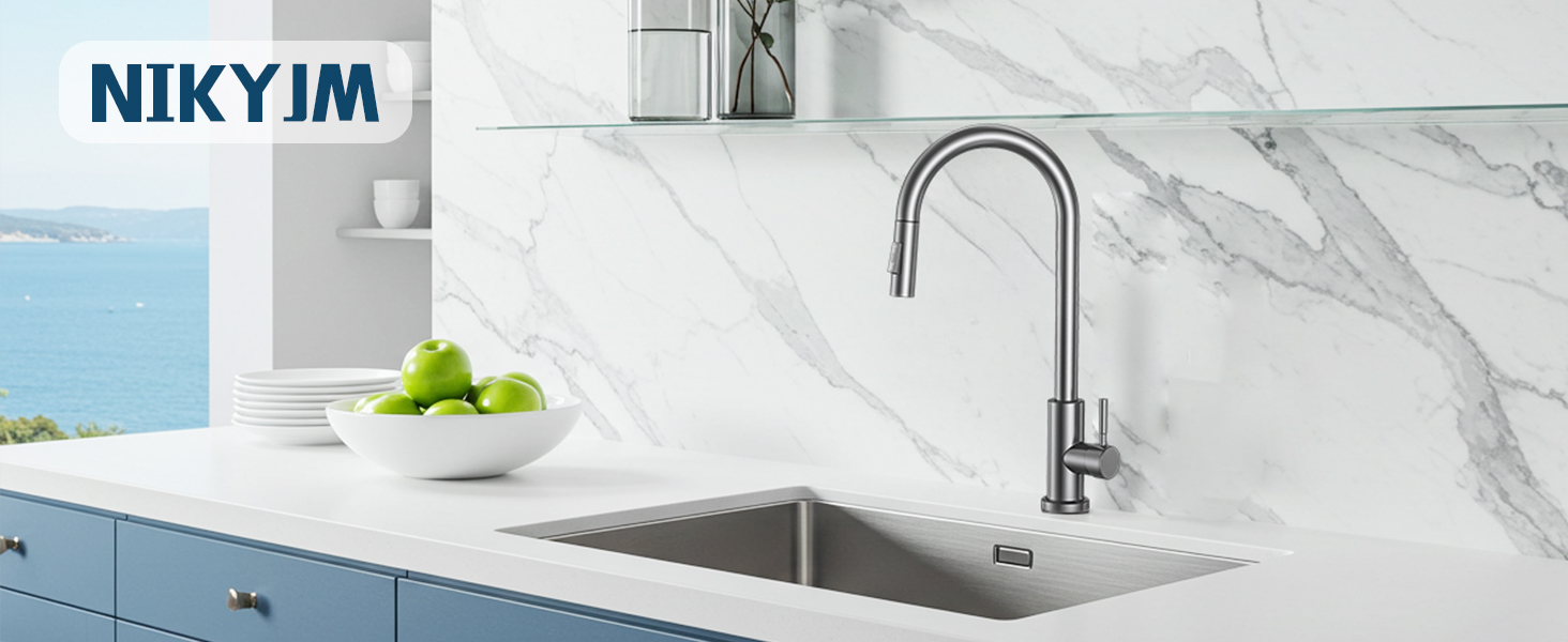 Кухонний змішувач Wasserhahn з висувною лійкою, поворотний на 360°, 2 функції, однорідний, для кухні (сірий)