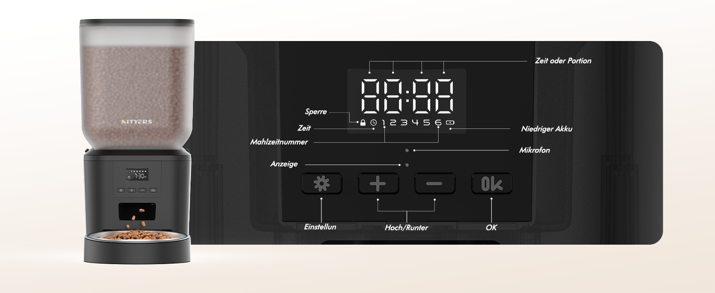 Автомат годівлі для котів та собак, 8л, з нержавіючою чашею та LCD-дисплеєм, програмування до 6 прийомів їжі на день, до 50 порцій, збереження свіжості