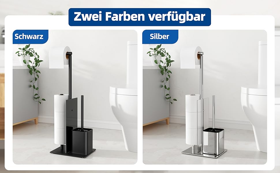 Stainless Steel Toilet Paper Holder with Brush - Standing Toilet Paper Roll Holder & WC Brush Set with Glass Shelf (Matte Black)