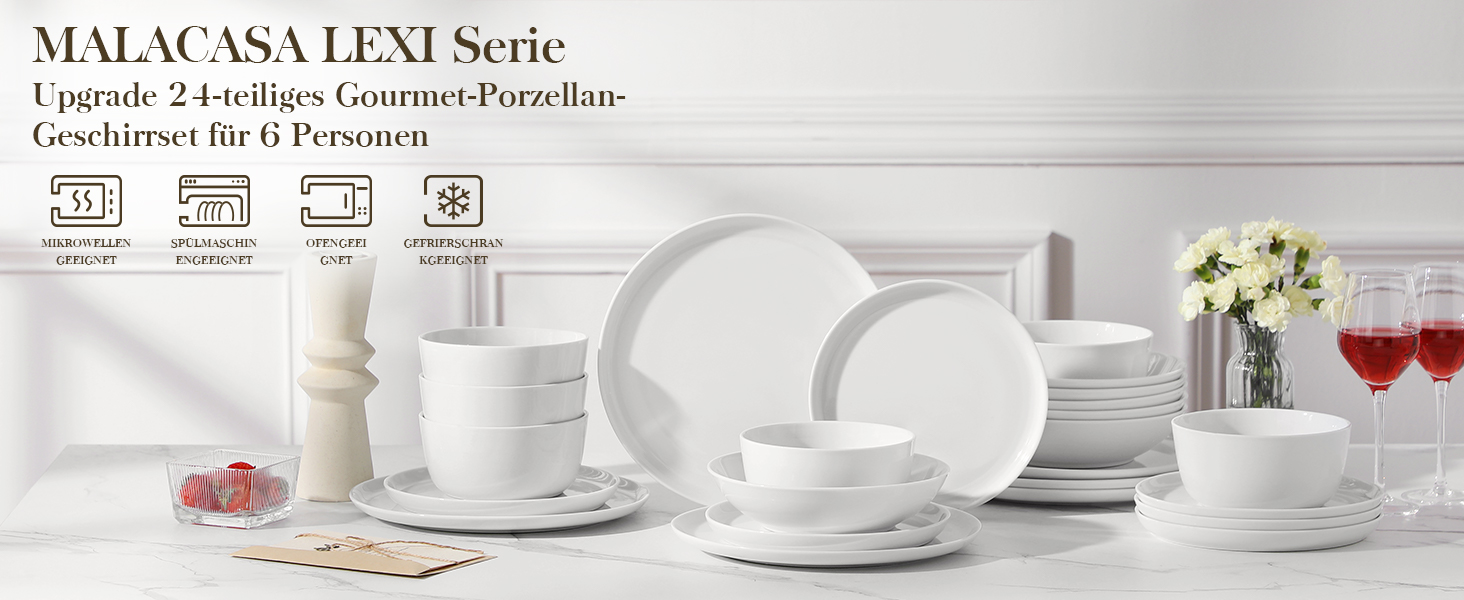 MALACASA Набір посуду 48 предметів, порцеляновий набір тарілок та мисок, сервіз на 12 осіб, білі їдальні тарілки та миски, круглий набір посуду, придатний для миття в посудомийній машині та мікрохвильовій печі, серія LEXI 48 предметів білий