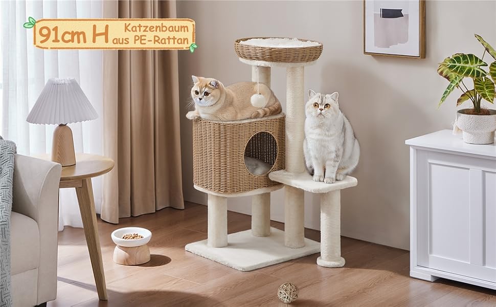 Дерево для котів Yaheetech з ротангу, 91 см, для великих котів до 10 кг, з печерею та платформами, бежевий
