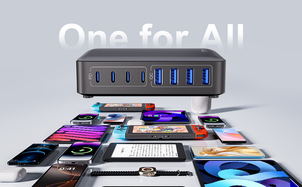 Зарядний пристрій USB-C 200W, 8-в-1, GaN адаптер для MacBook, iPhone, iPad, Samsung, ноутбуків - Швидка зарядка PD