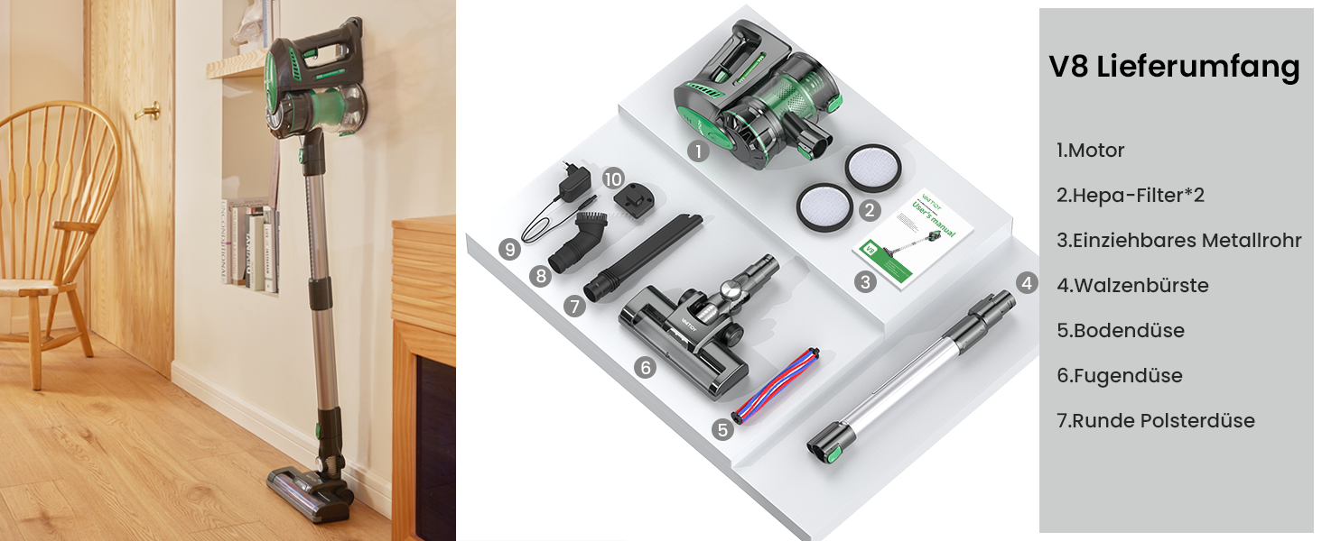 Бездротовий пилосос Vactidy Blitz V8: акумуляторний, 25KPa, 35 хв роботи, для твердих підлог, видаляє шерсть тварин, зелений