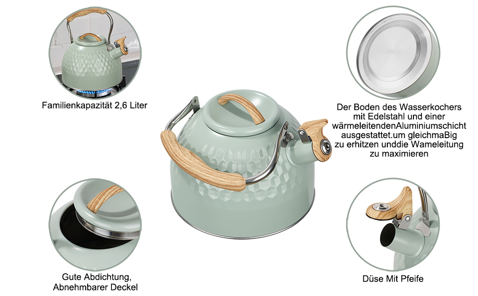 BEZORR Чайник-свисток з нержавіючої сталі, 3 літри, Ретро дизайн, для плити, індукції, газової, керамічної