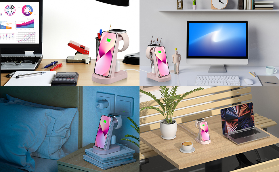 Бездротова зарядка 3 в 1 з адаптером 18W, сумісна з iPhone, Apple Watch, AirPods (Рожева)
