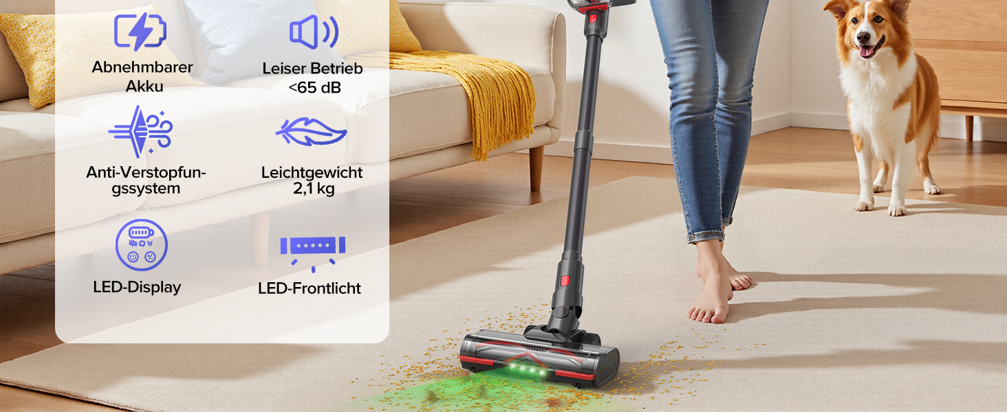 Бездротовий акумуляторний пилосос Lubluelu 550W/50KPa з дисплеєм та антизаплутувальною насадкою, до 50 хвилин роботи, для твердих поверхонь, килимів та шерсті тварин