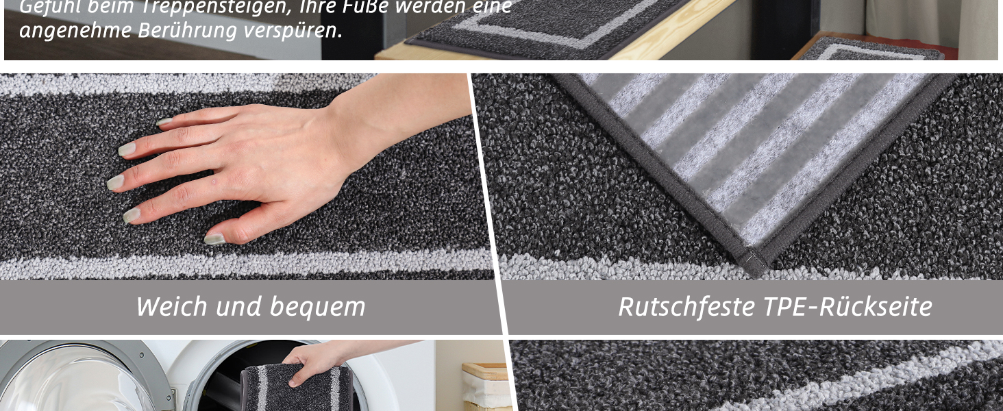 Килимок на сходи COSY HOMEER, 70x22 см, 15 шт., самоклеючий, антиковзкий, машинного прання, 100% поліестер, TPE-підкладка, чорний